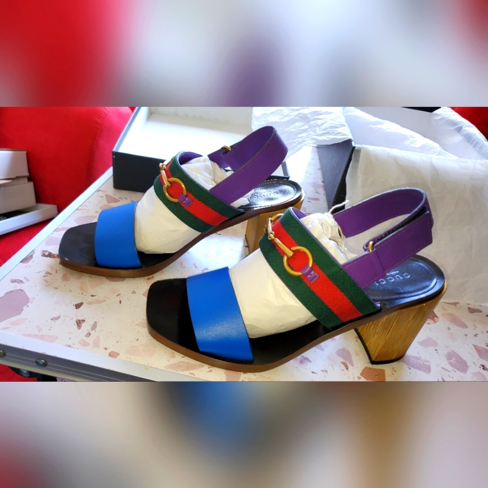 Gucci Lifford Web/Horsebit logo Multi-colored Gold Block Heel Slingback Sandals